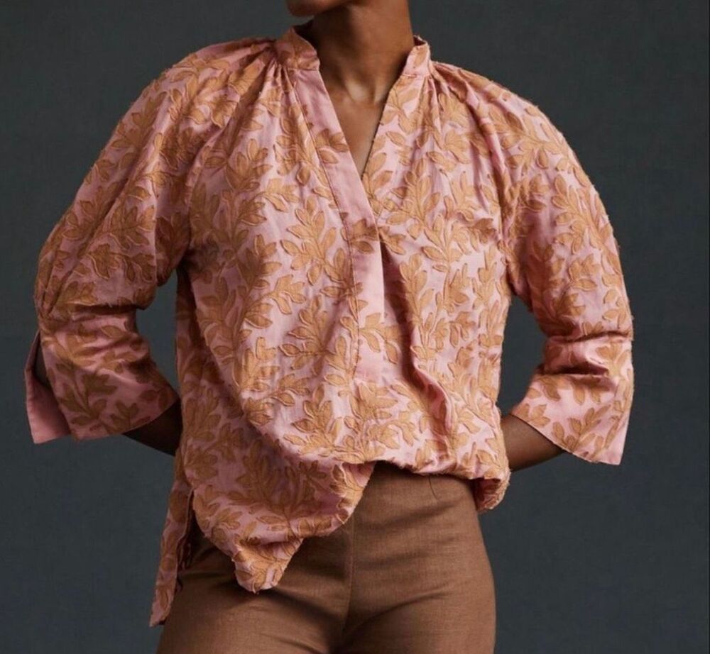 Anthropologie embroidered floral pink and orange blouse xs